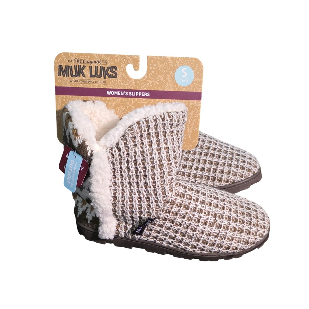 Muk‎ Luks Womens Slipper Boots Brown Caramel Knit Fair Isle Small